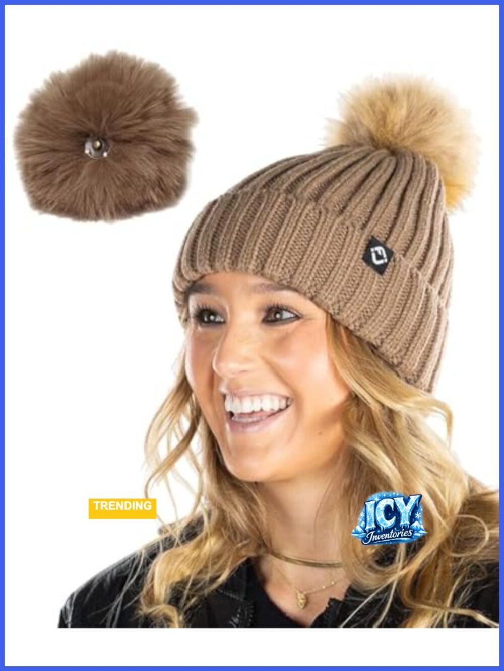Winter Knit Beanie Hat with Detachable Faux Fur Pom